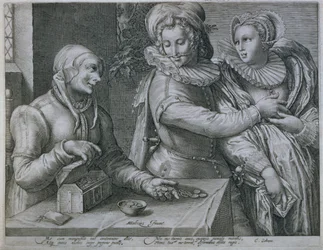 Un joven eligiendo el amor a la belleza en lugar de la riqueza, grabado por Jacob Matham